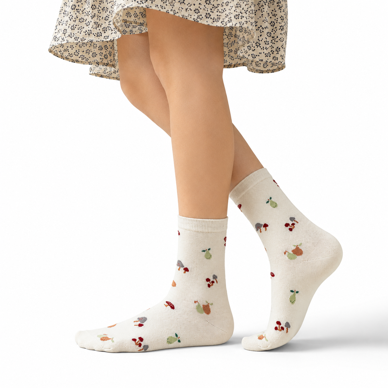 Girls Mushroom & Pear White Crew Socks