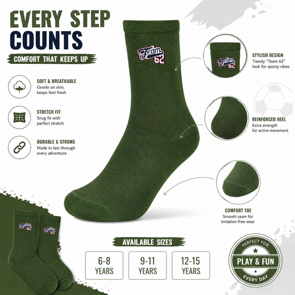 Boys "Team 62" Print Crew Socks
