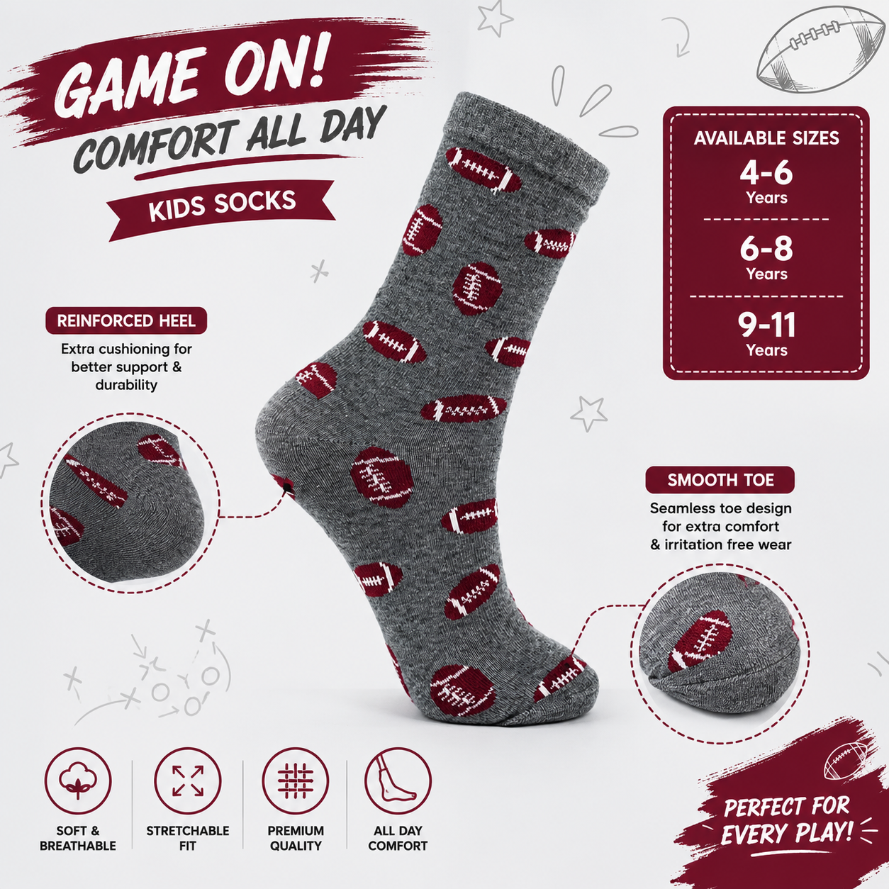 Boys American Football Print Crew Grey Socks