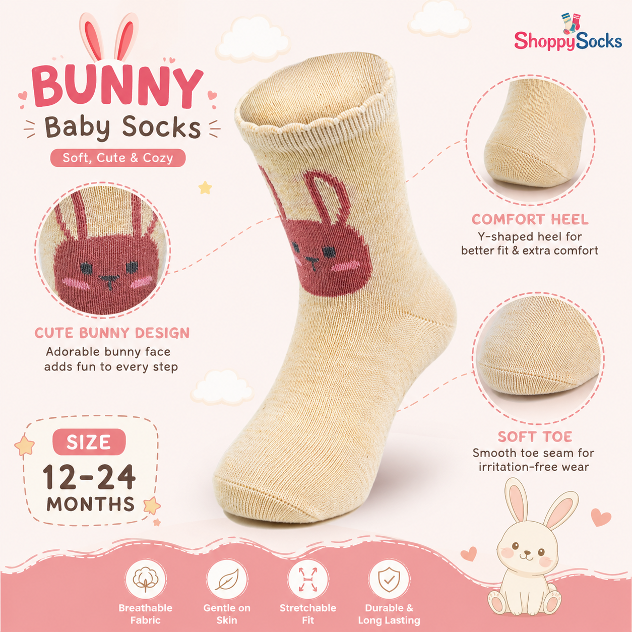 Girl Bunny Face Print Crew Socks