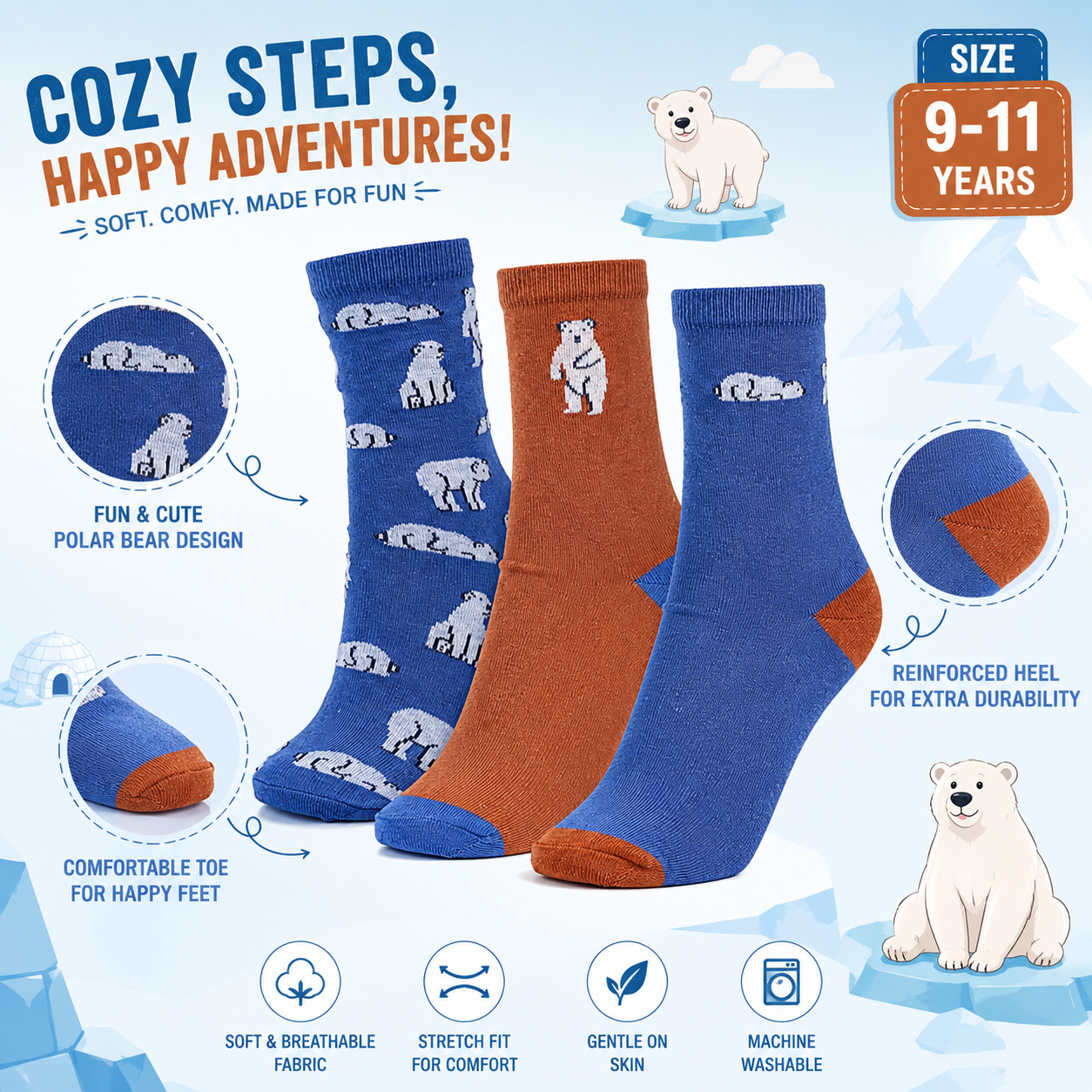 Polar Bear Print Boys Crew Socks