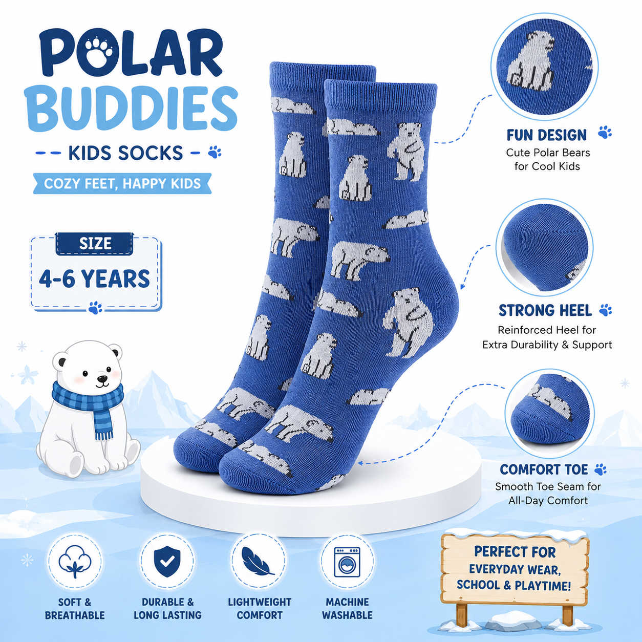 Boys Polar Bears Print Crew Socks