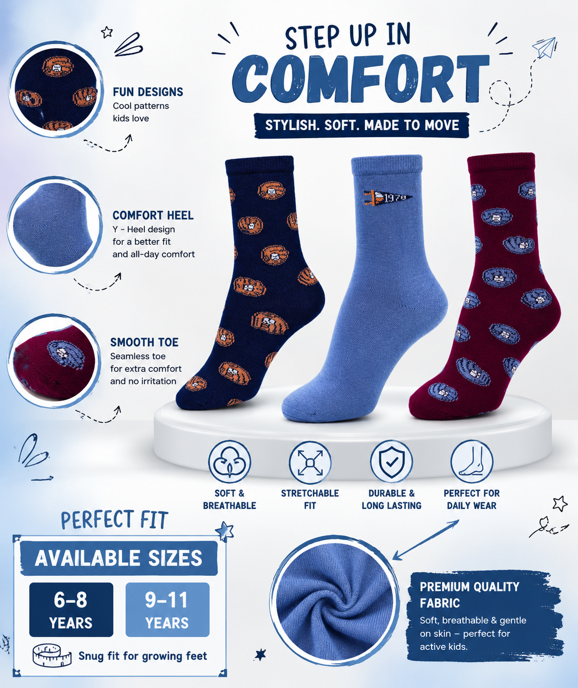 Boys Baseball Glove Print Crew Socks