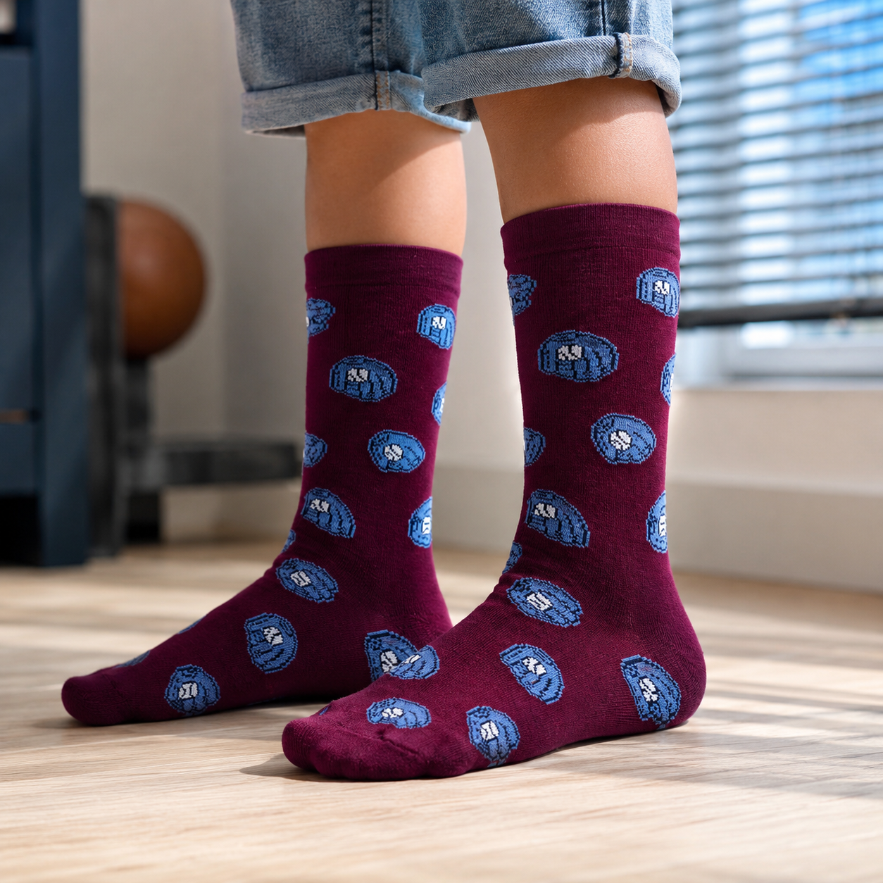 Boys Baseball Gloves Print Crew Maroon Socks