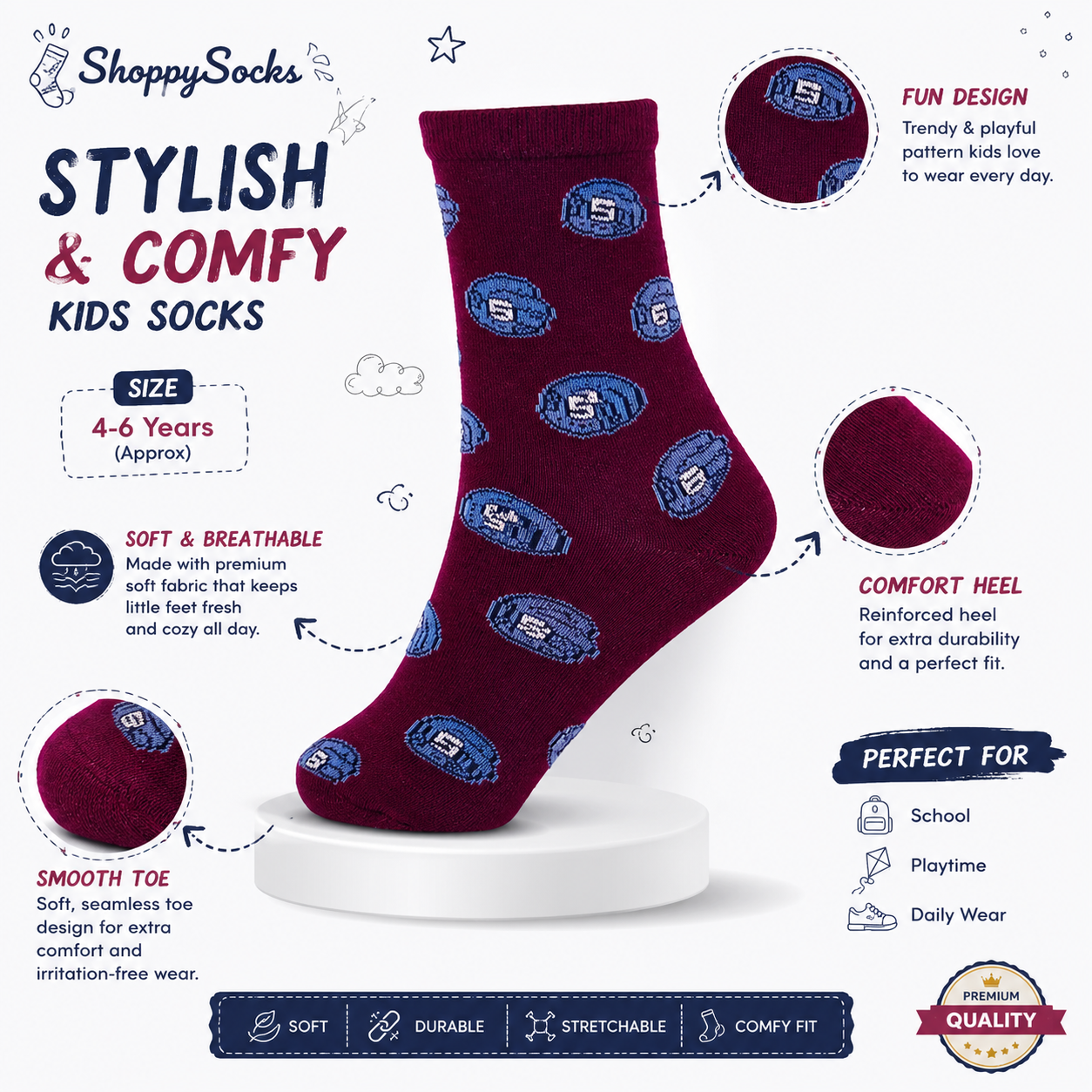 Boys Baseball Gloves Print Crew Maroon Socks