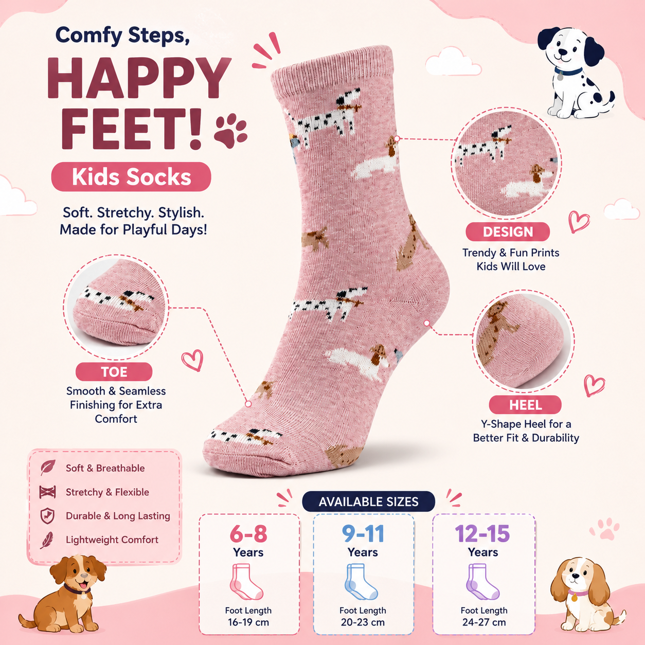 Girls Puppy Pattern Crew Pink Socks