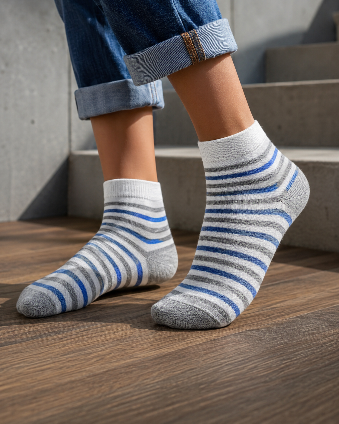 Boys Light Blue Striped Ankle Socks