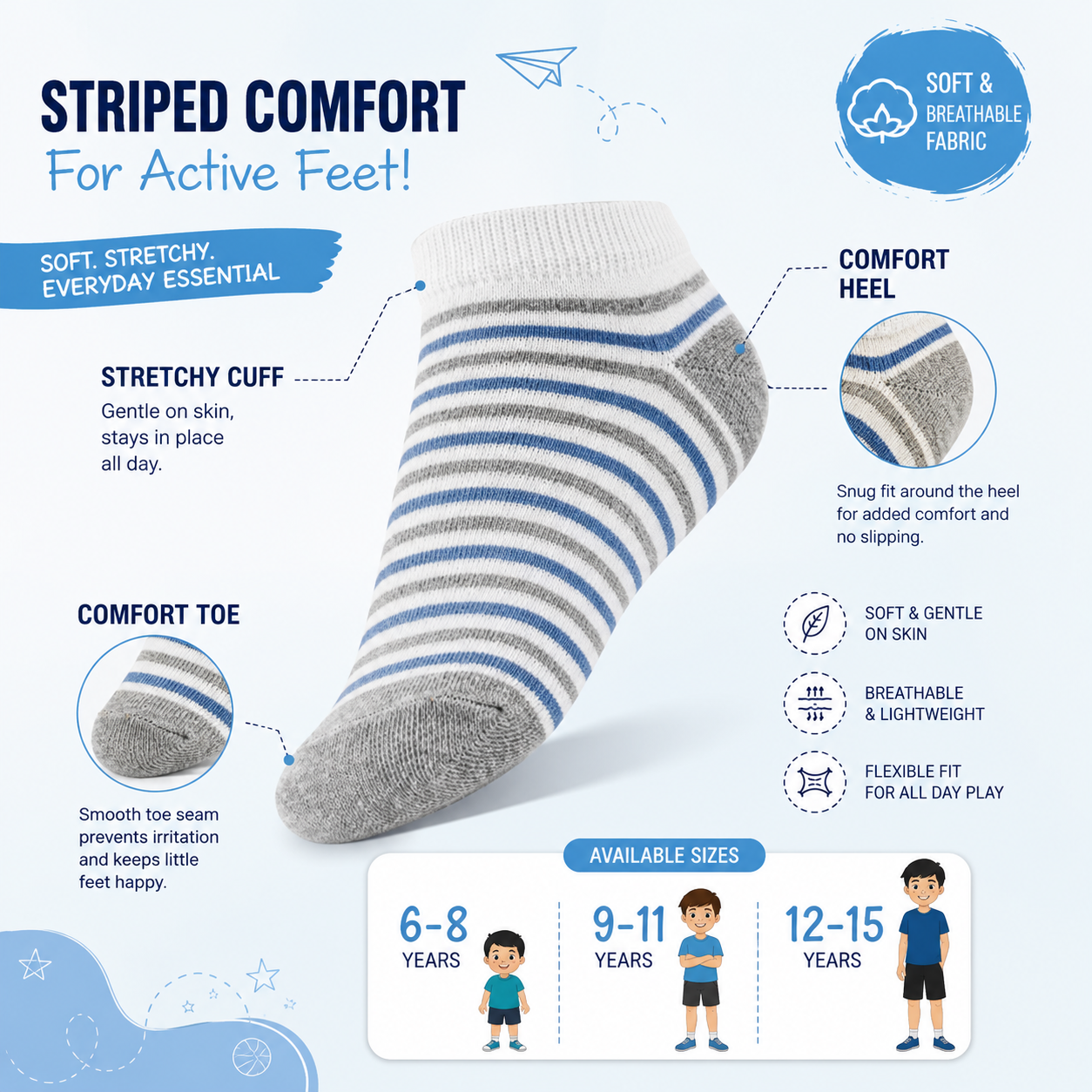 Boys Light Blue Striped Ankle Socks