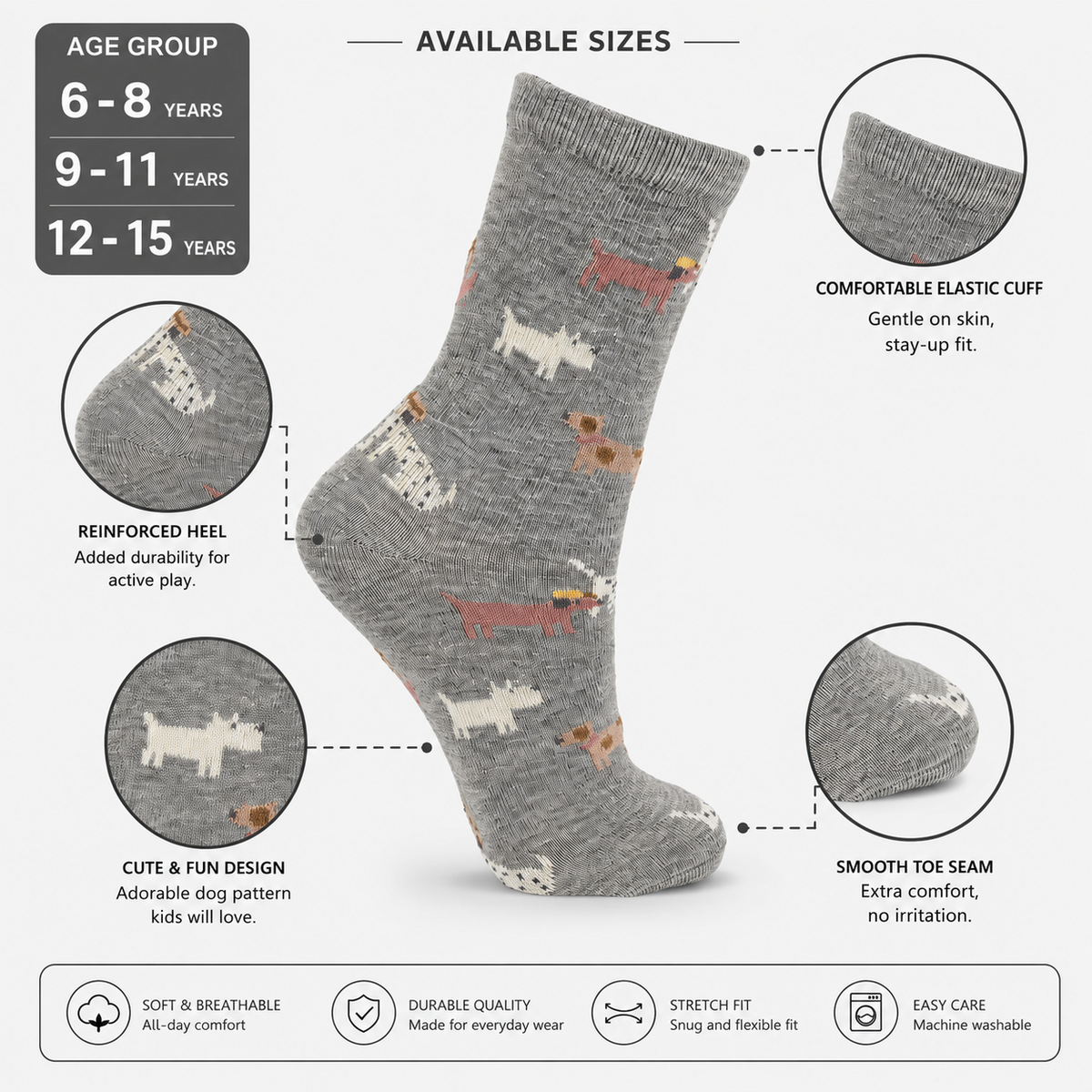Girls Dog Print Cotton Grey Socks
