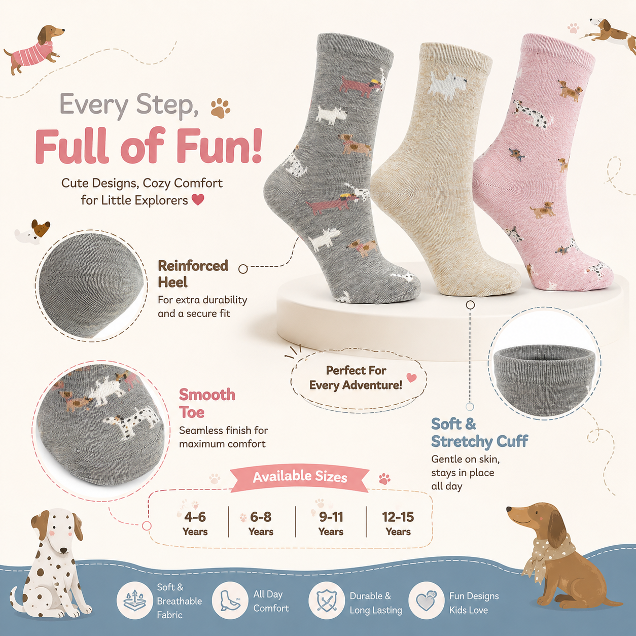Adorable Puppy Pattern Girls Crew Socks