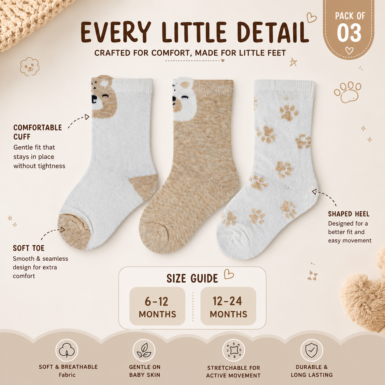 Pack of 3 - Bear Print Baby Brown Socks