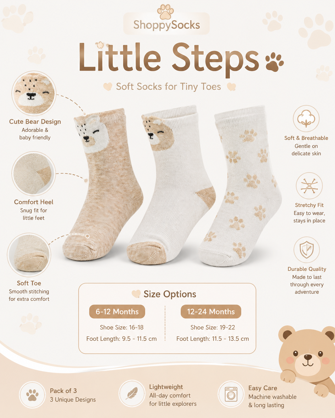Bear & Paw Print Baby Socks