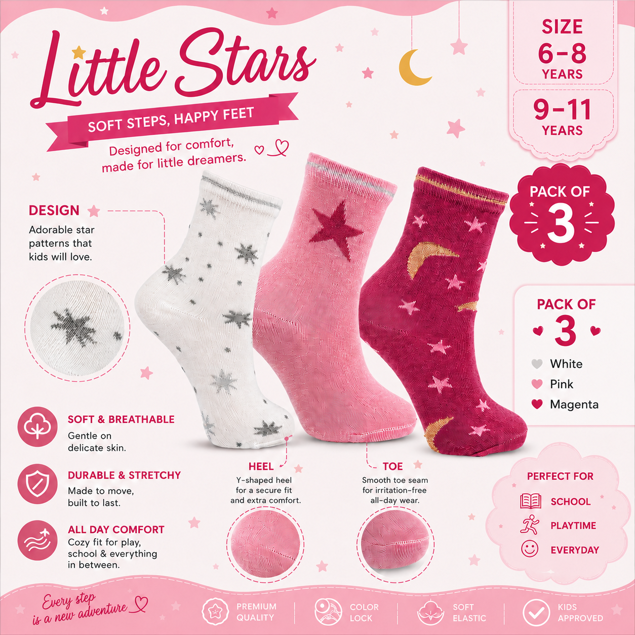 Pack of 3 - Girls Star & Moon Print Ankle Sock