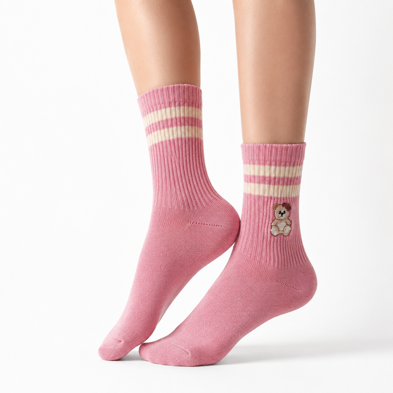 Girls Teddy Bear Crew Baby Pink Socks