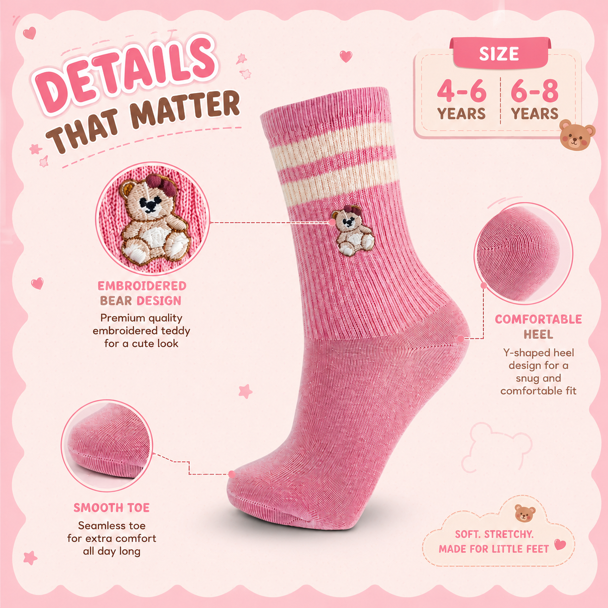Girls Teddy Bear Crew Baby Pink Socks