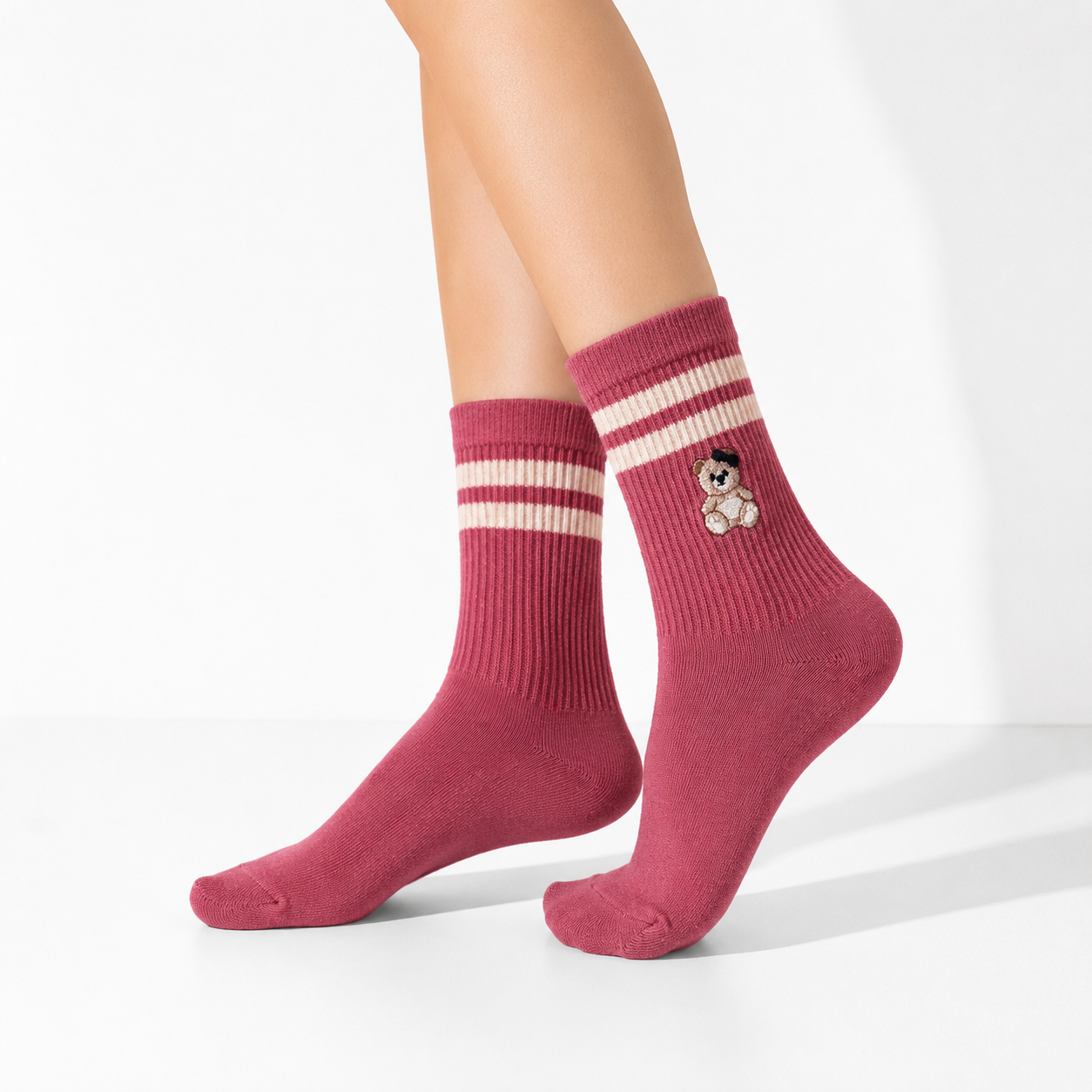 Girls Bear Embroidered Crew Socks