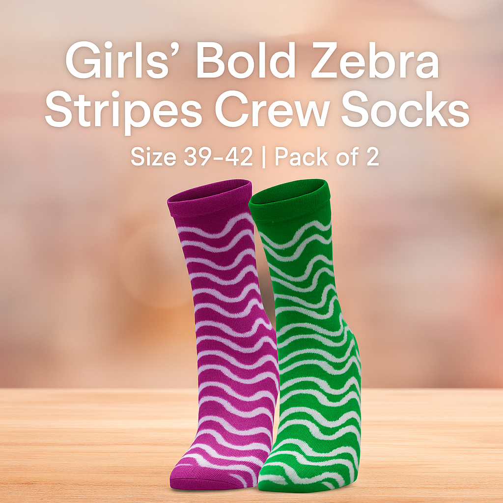 Pack of 2 - Girls’ Bold Zebra Stripes Crew Socks