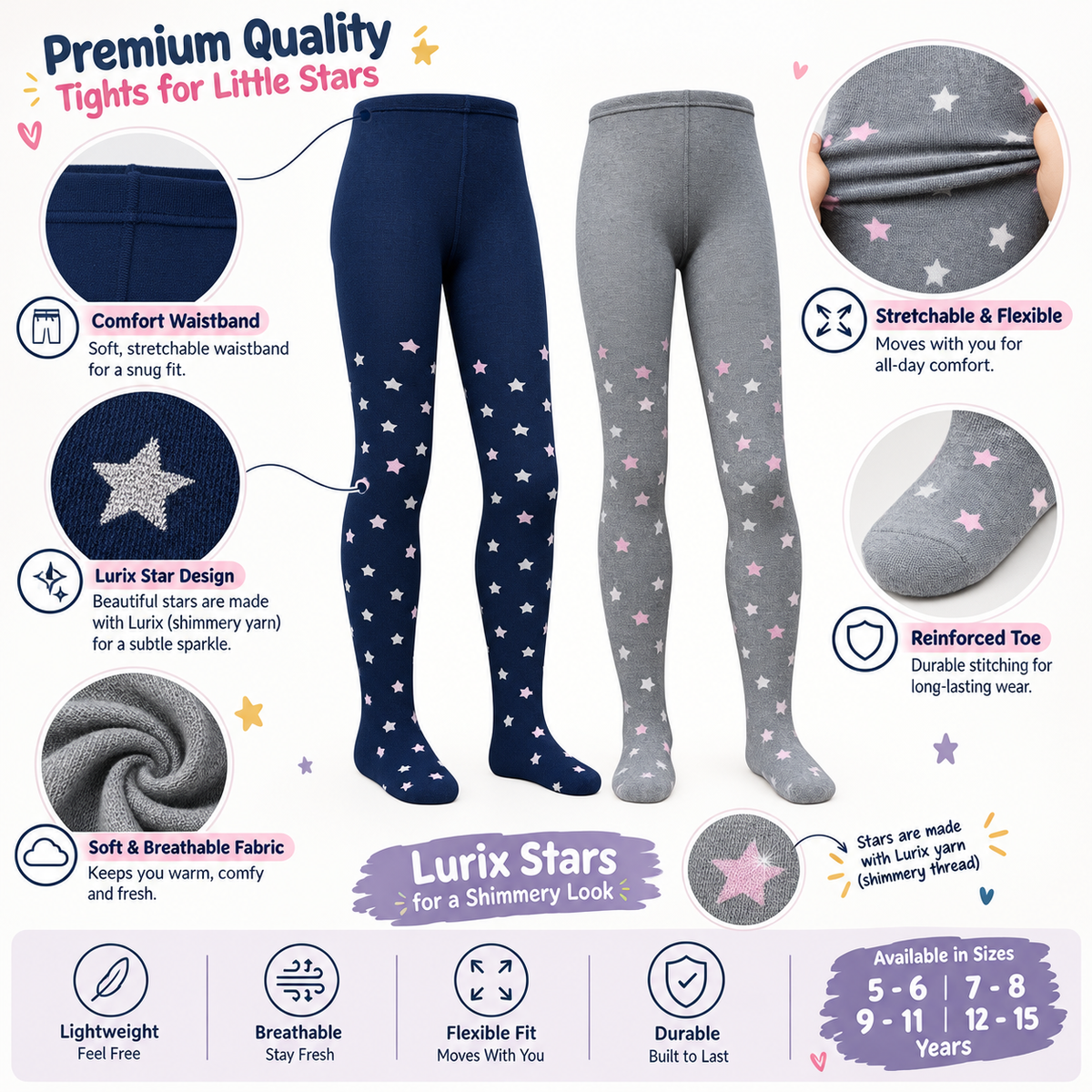 Girls Navy & Grey Star Print Tights (CJ)