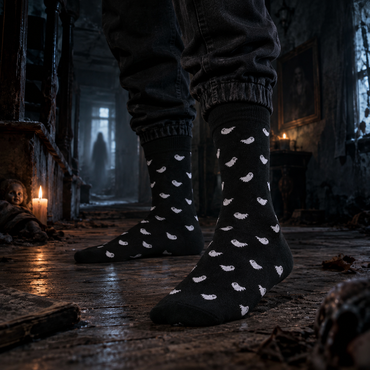 Men Spooky Ghost Print Crew Socks