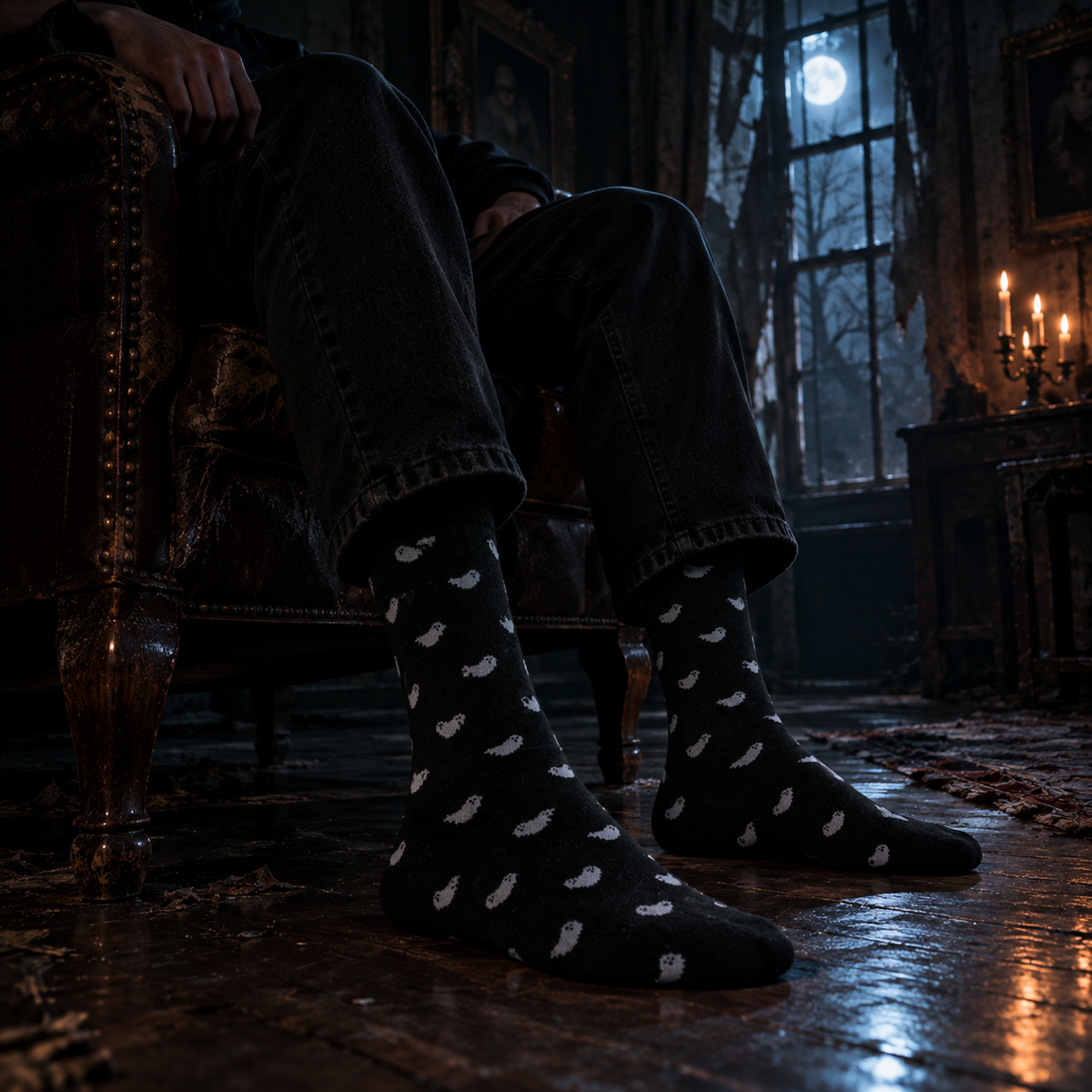 Men Spooky Ghost Print Crew Socks