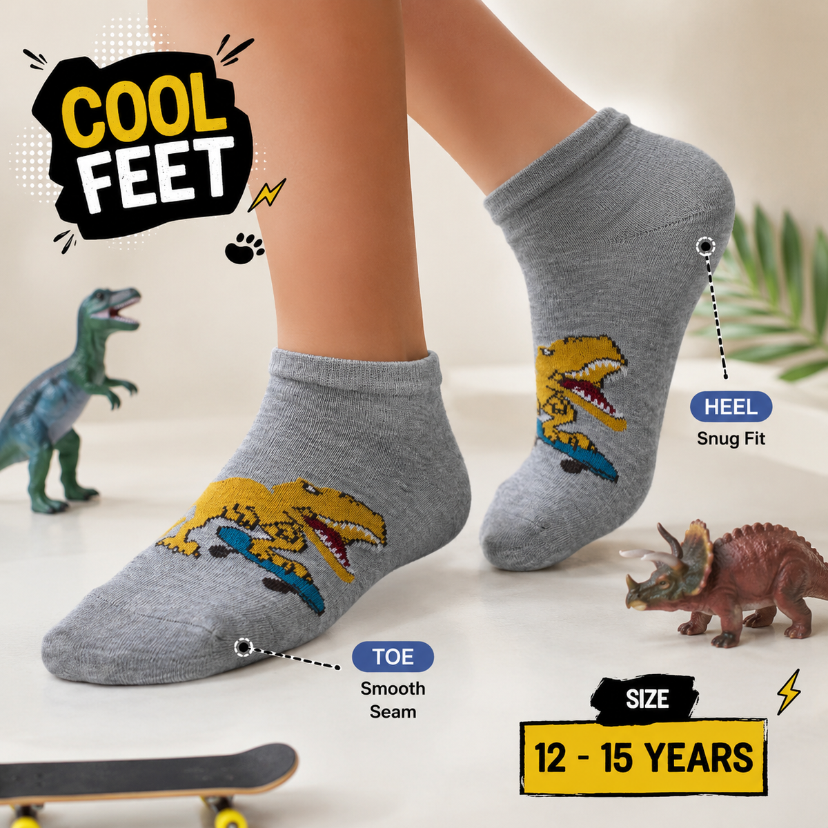 Cool Dino Skater Ankle Socks for Boys