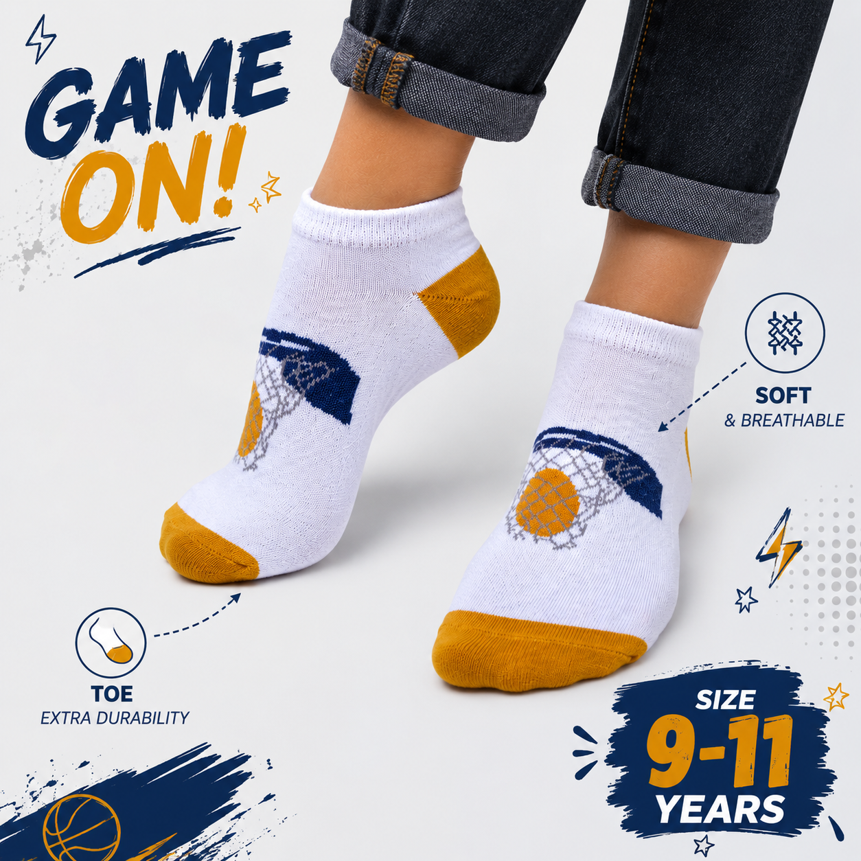 Basketball Hoop & Ball Design Boy's Ankle Socks (9 - 11 Years)