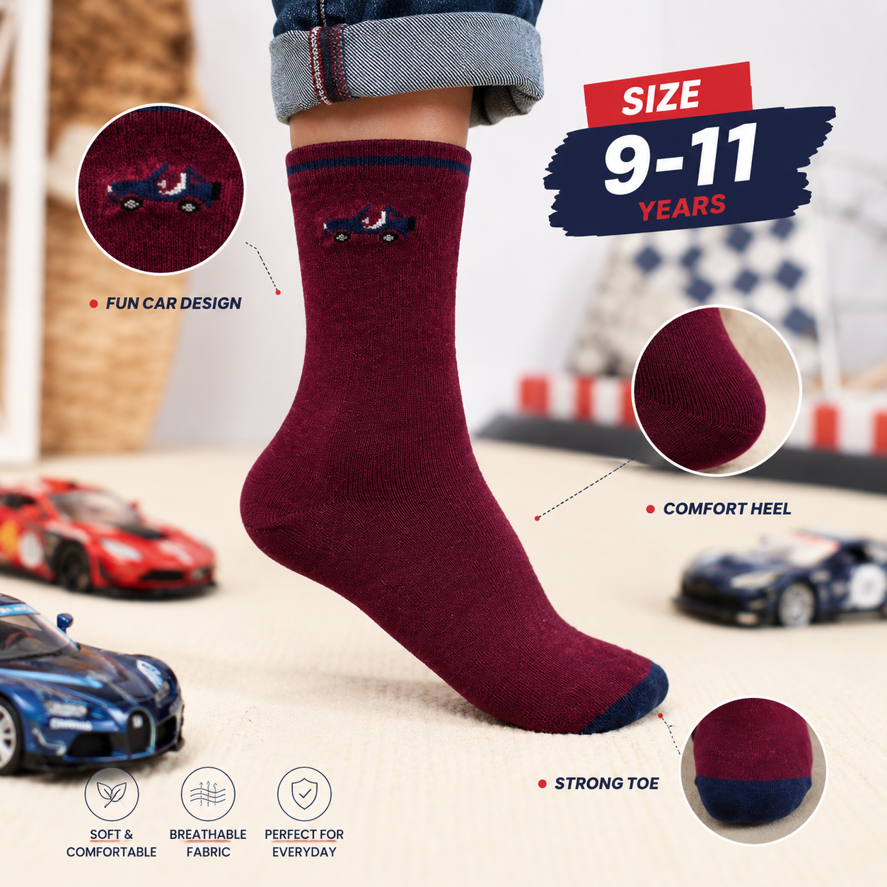 Boys Maroon Car Crew Socks