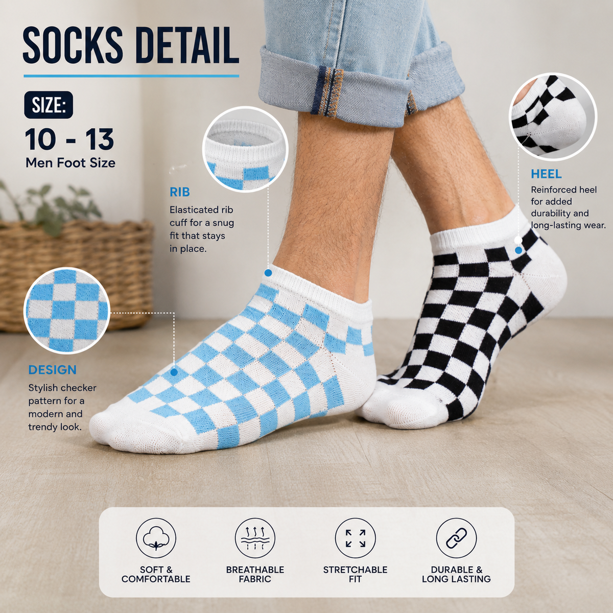 Men Checkered Print Ankle Socks