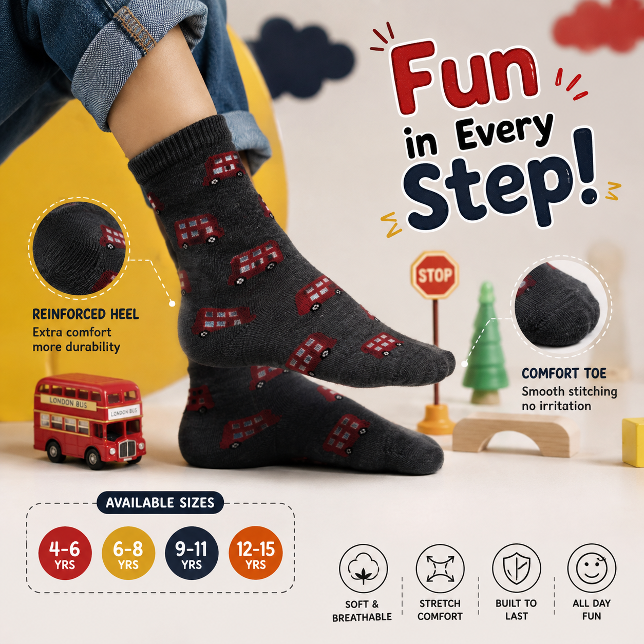 Bus Print Boy's Crew Socks
