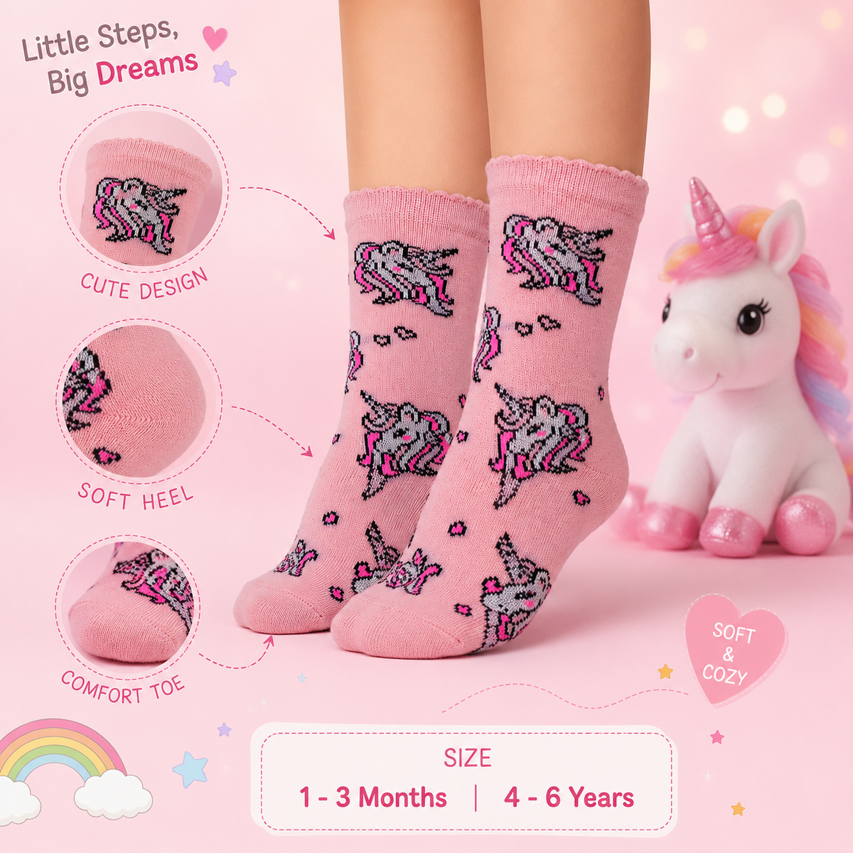 Unicorn Girls' Cotton Pink Ankle Socks