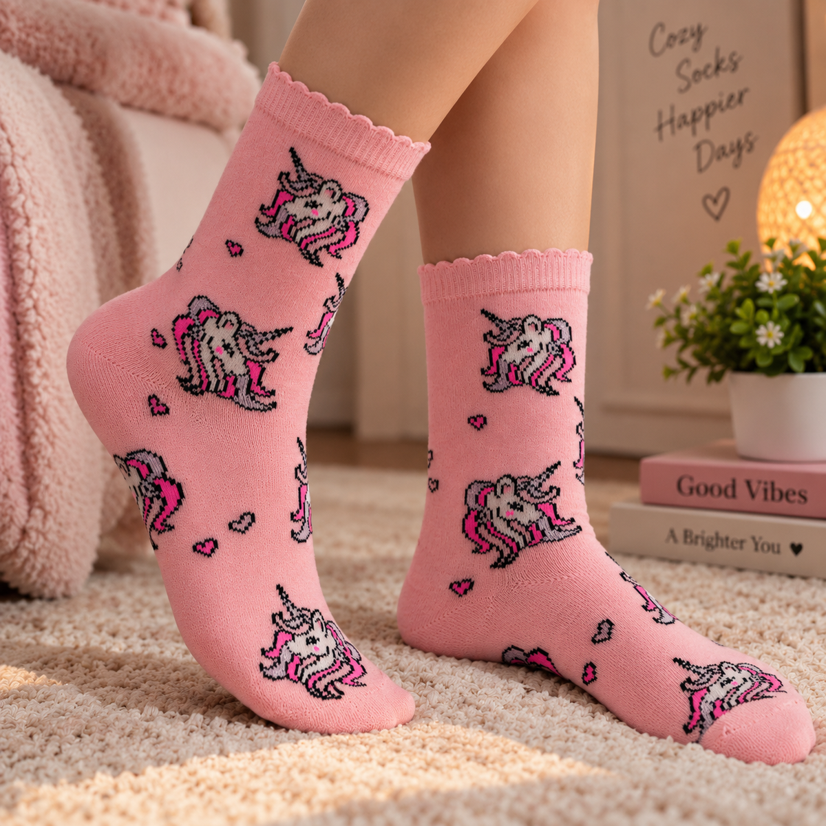 Unicorn Girls' Cotton Pink Ankle Socks