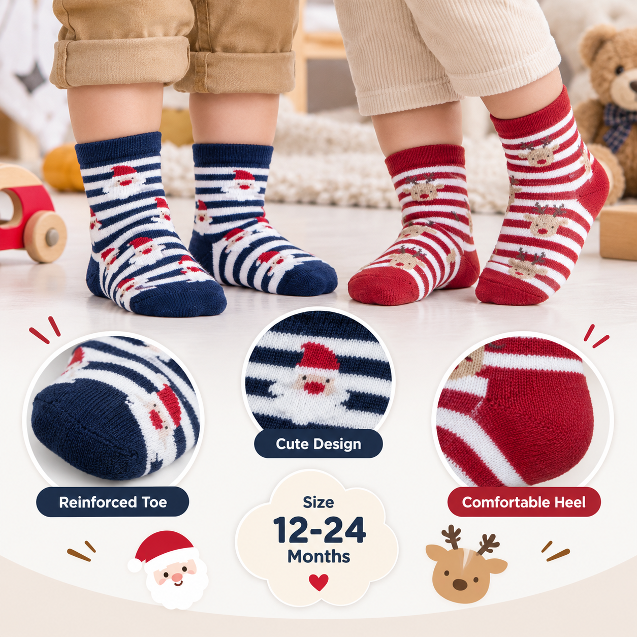 Unisex Santa Claus & Reindeer Baby Socks