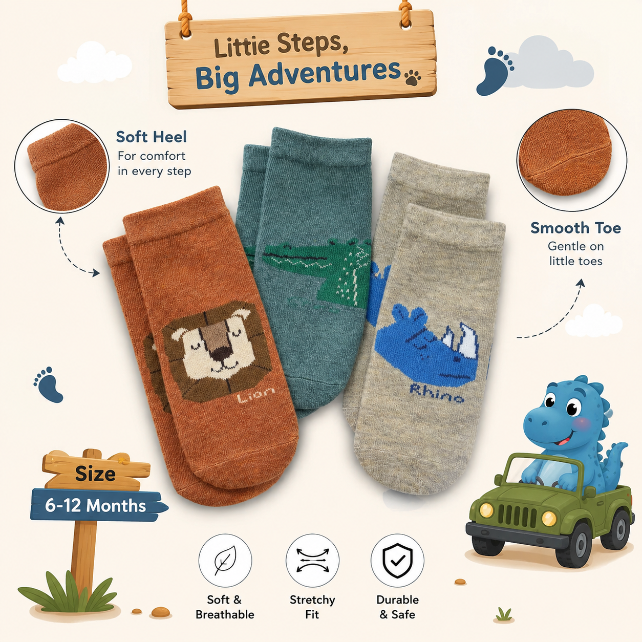 Lion, Rhino & Crocodile Print Crew Socks for Boys