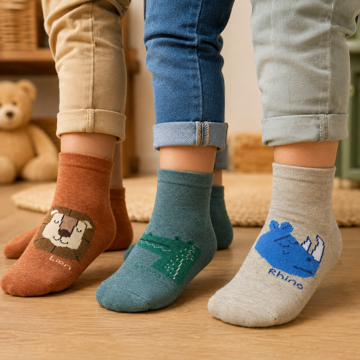 Lion, Rhino & Crocodile Print Crew Socks for Boys