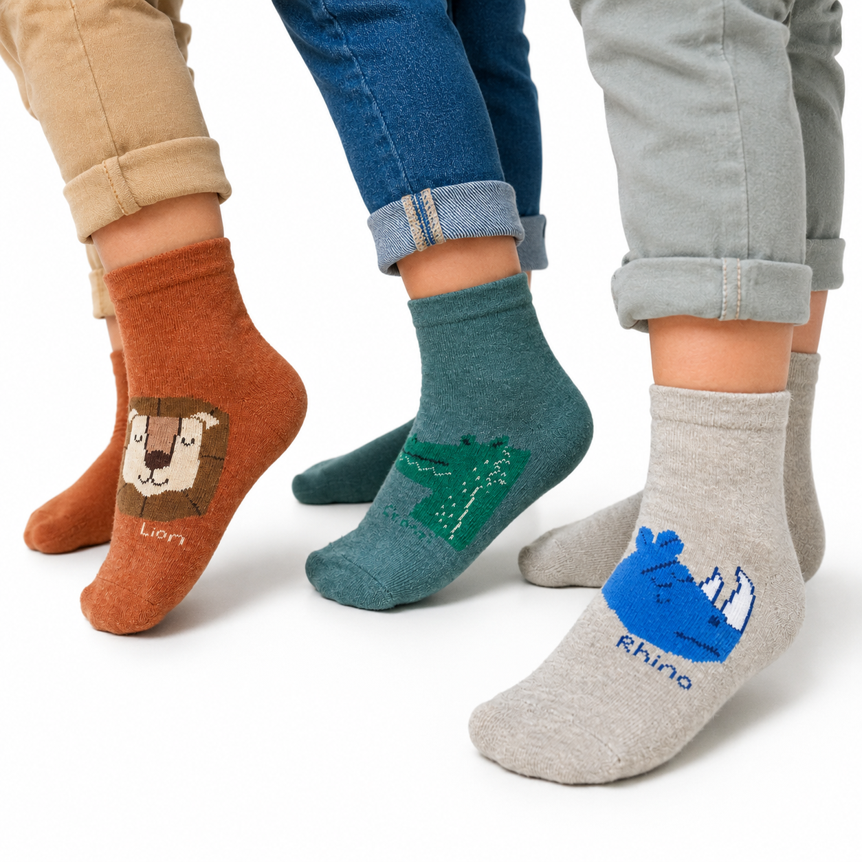 Lion, Rhino & Crocodile Print Crew Socks for Boys