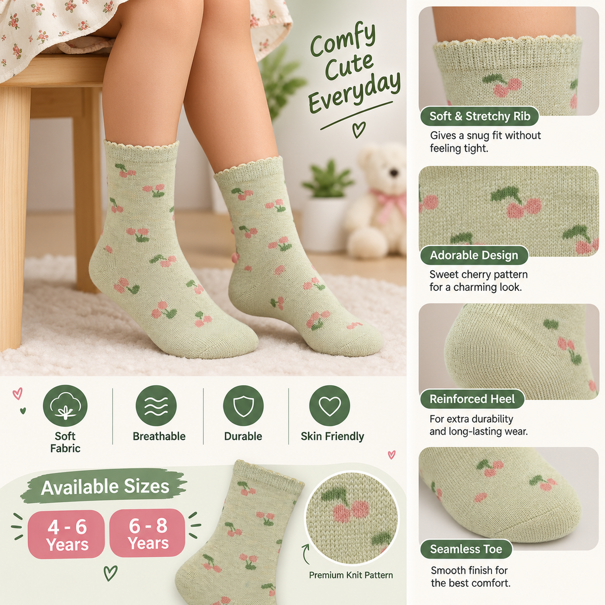 Cherry Print Crew Socks for Girls