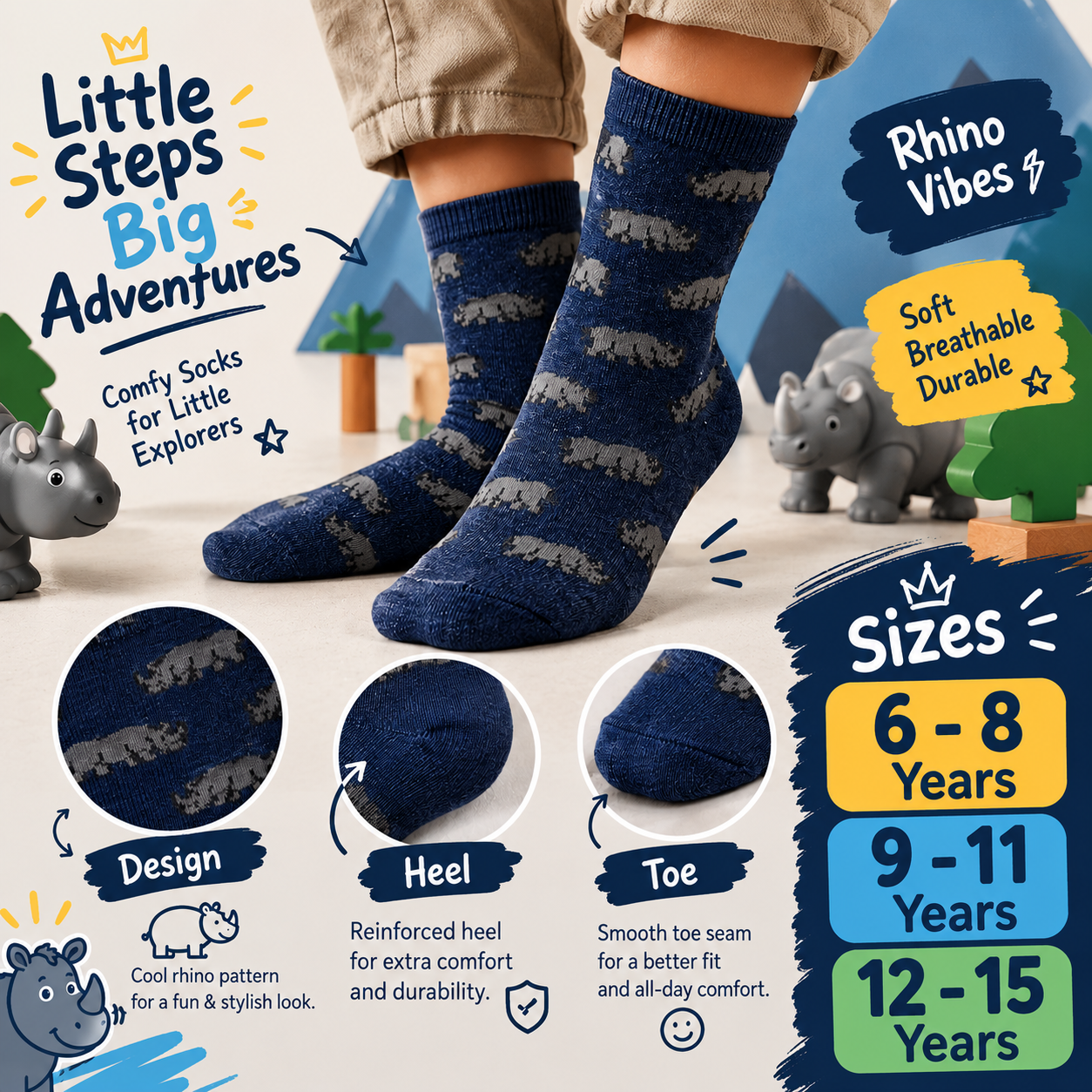 Rhino Print Boy's Crew Socks