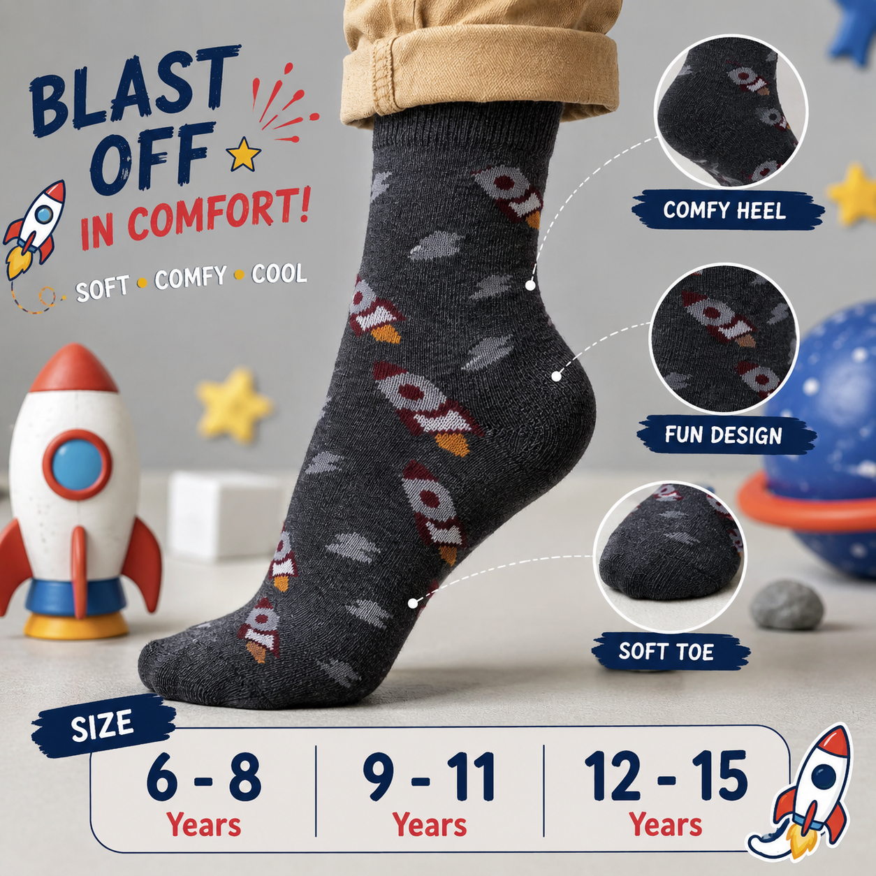 Boys Space Rocket Crew Socks