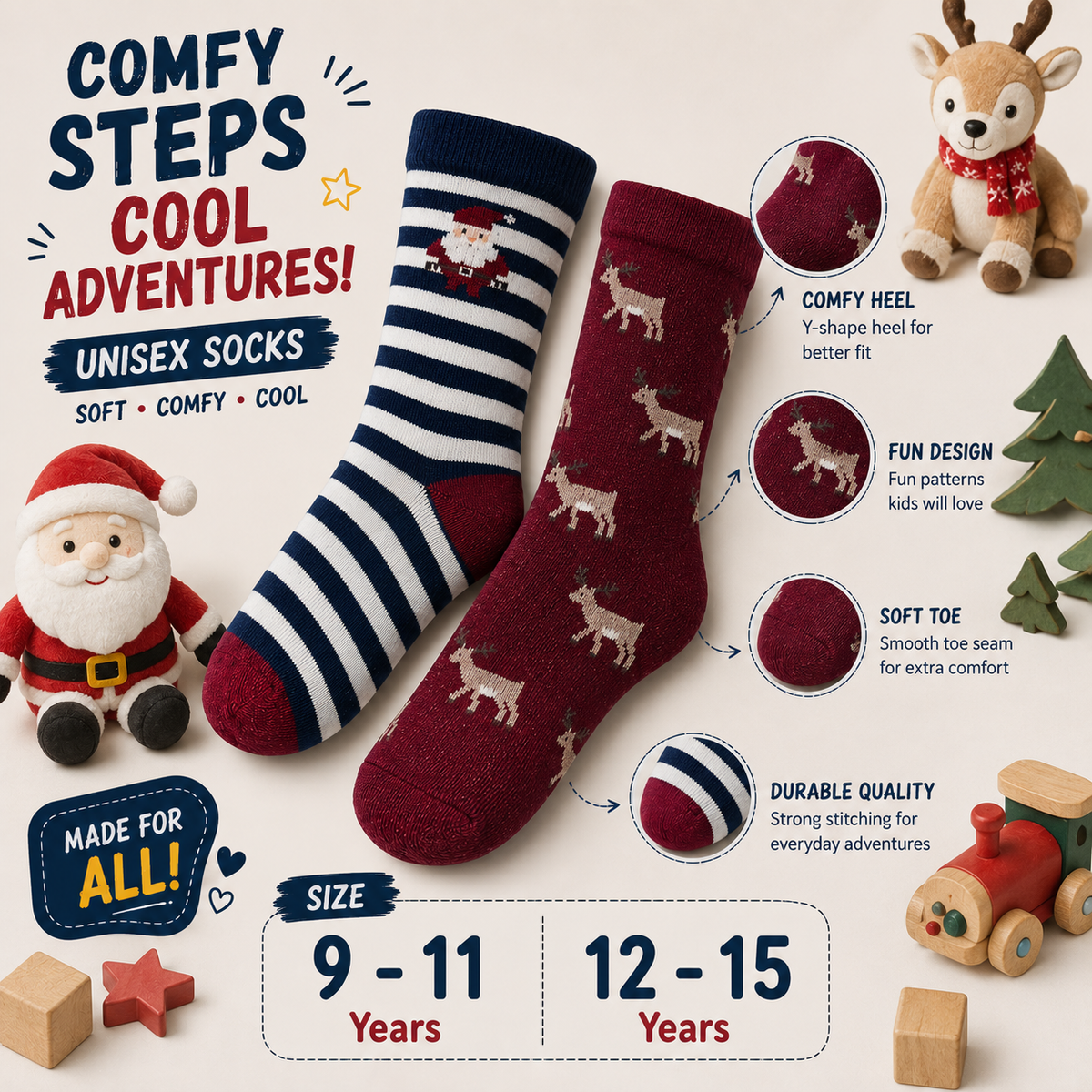 Stripes & Whimsical Deer Pattern Kids Unisex Crew Sock