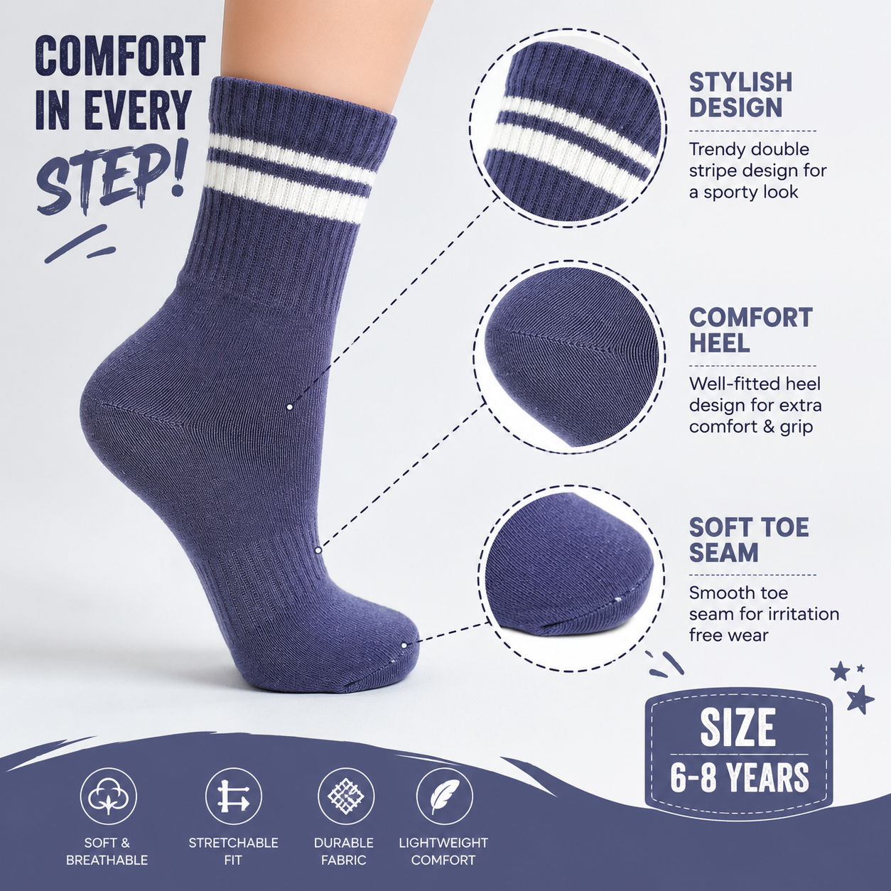 Boys Navy Blue with Stripes Crew socks