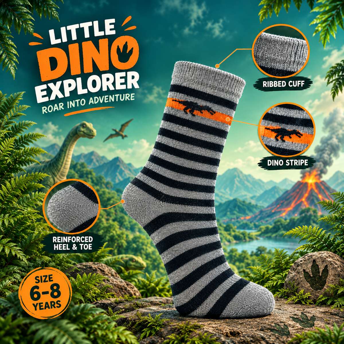Dino-Stripe Crew Boys Socks