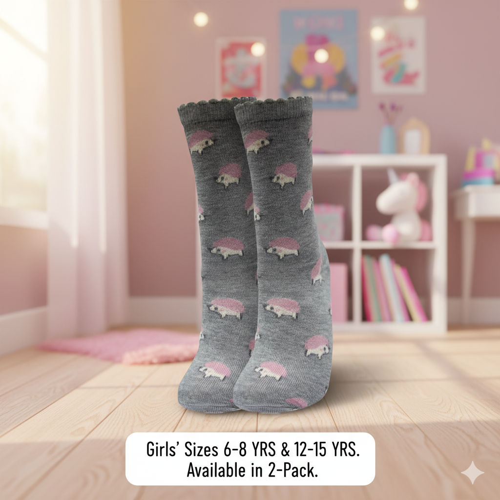 Girls Grey Hedgehog Crew Socks (1-Pack)