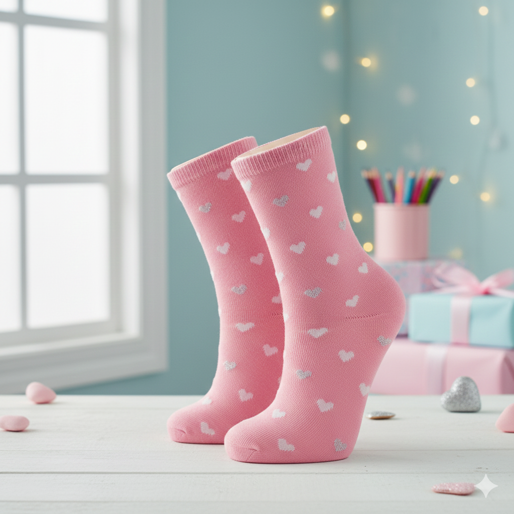 Girls Heart Print Cotton Crew Socks