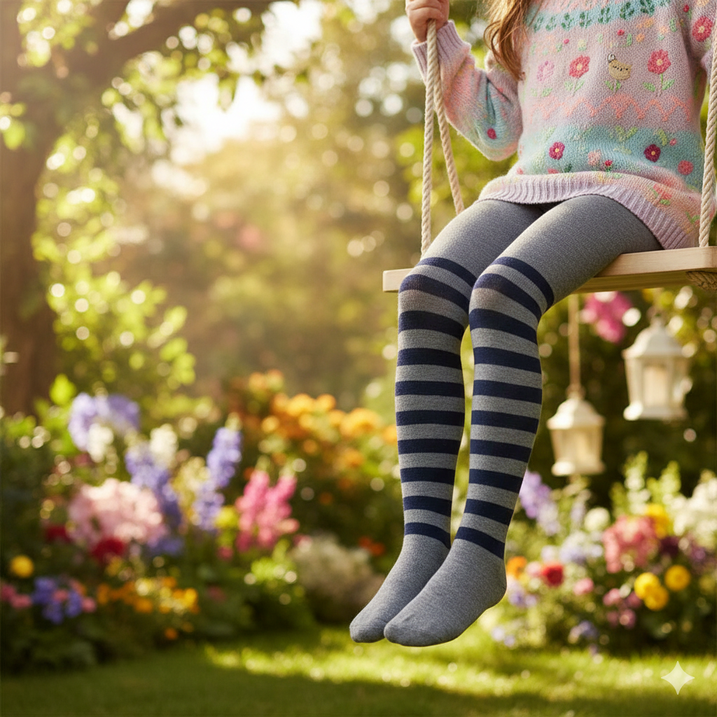 Girls Grey With Navy Striped Tights (HTG)