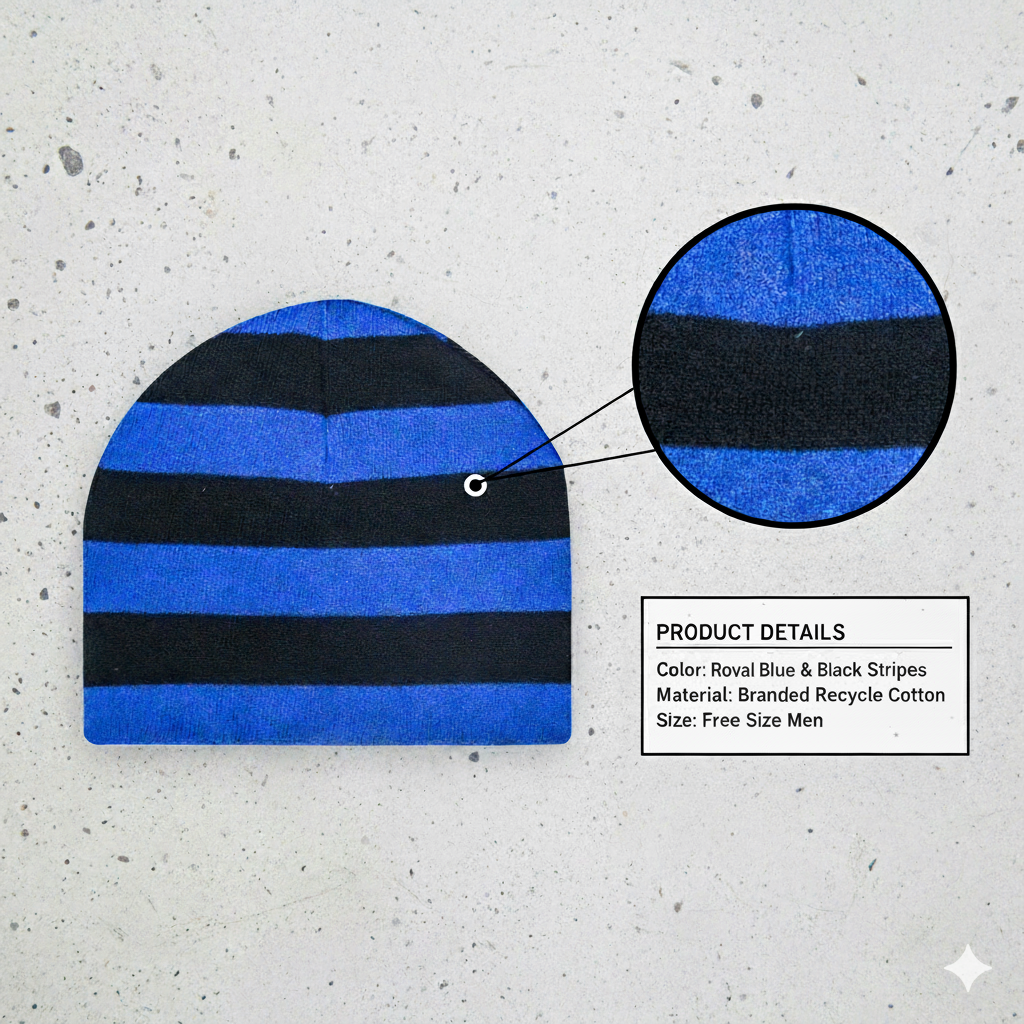 Men Blue With Black Striped Beanie Cap (RG)