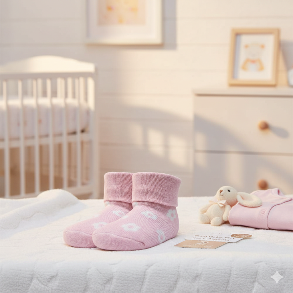 Born Baby Girl Socks | Pink Floral Print Cotton Booties