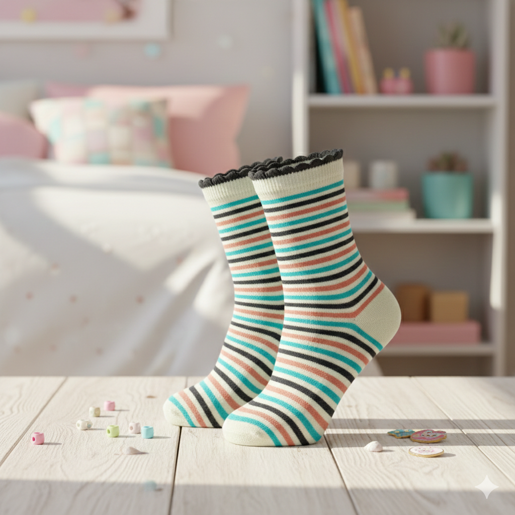 Girls' Striped Ruffle-Trim Crew Socks