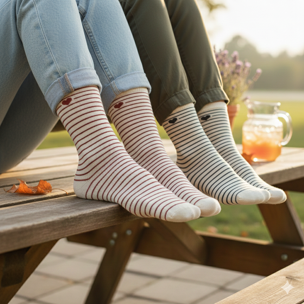 Heart-Striped Crew Socks for Women