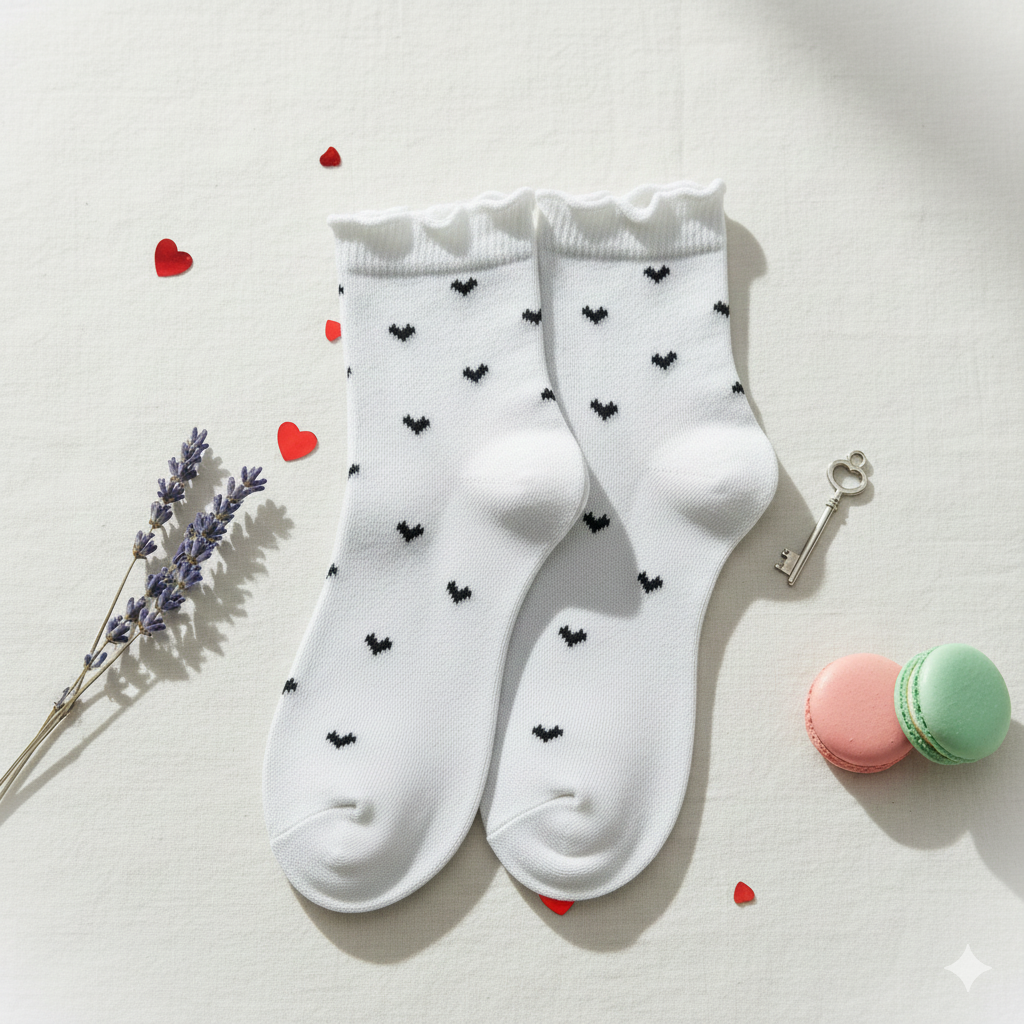 Frill Heart Print Ankle Socks for Girls