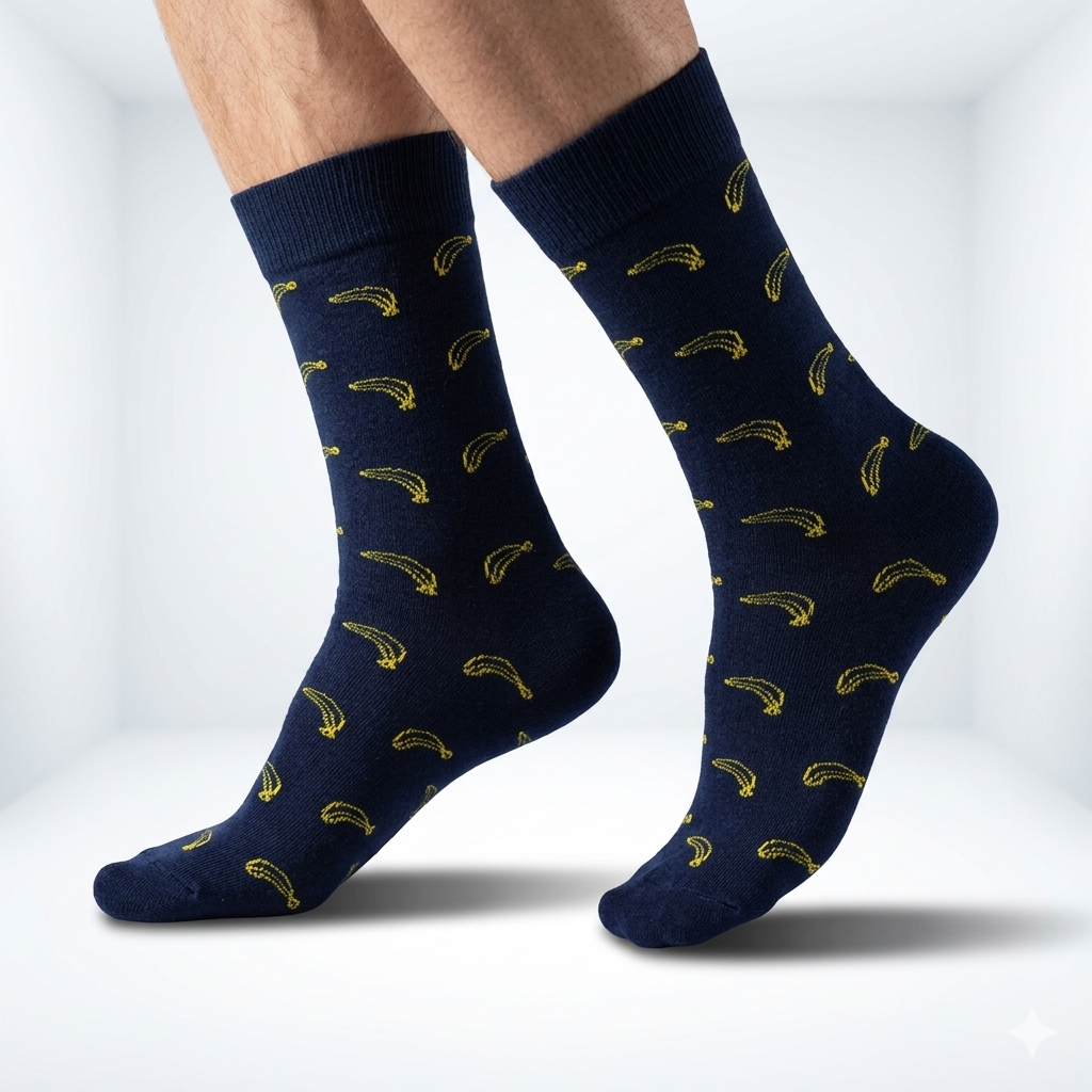 Banana Print Navy Blue Crew Socks